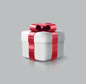 Gift box, present with wrapping paper and red ribbon bow for holiday, birthday celebration or special sales offer. vector