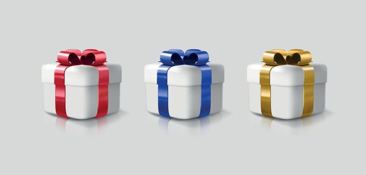 Red, blue, golden gift box, present with wrapping paper and ribbon bow. vector