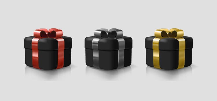 Red, blue, golden gift box, present with wrapping paper and ribbon bow. vector