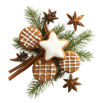 Christmas pine with frosted sugar cookies and cinnamon and fir branch top view isolate on transparent background png