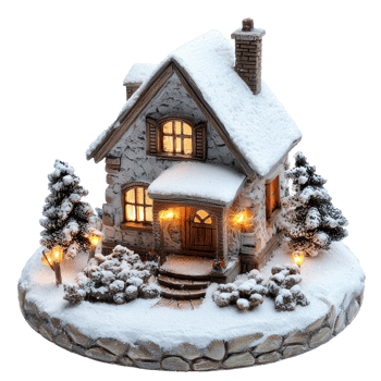 Mini house model decoration with lights and snow isolate on transparent background png