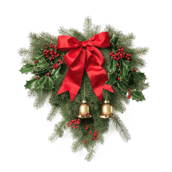 Christmas pine and holly swag with big red ribbon and two new shiny gold bells isolate on transparent background png