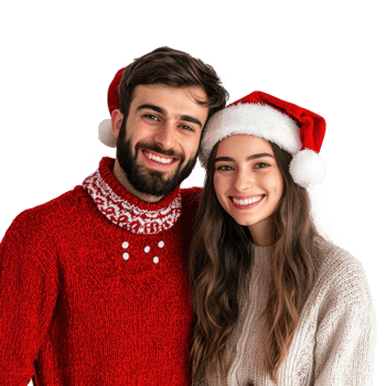 Happy young couple celebrate Christmas front view isolate on transparent background png