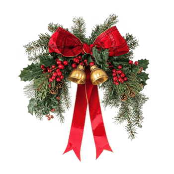 Christmas pine and holly swag with big red ribbon and two gold bells isolate on transparent background png