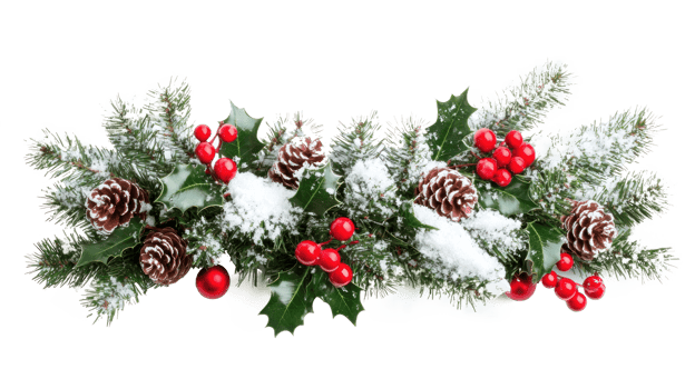 Christmas pine and holly swag with snow isolate on transparent background png
