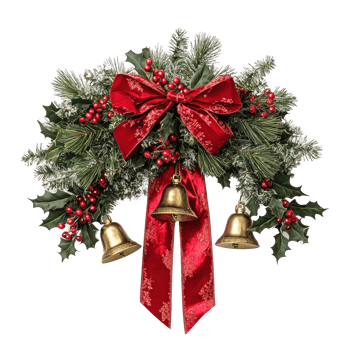 Christmas pine and holly swag with big red ribbon and two gold bells isolate on transparent background png