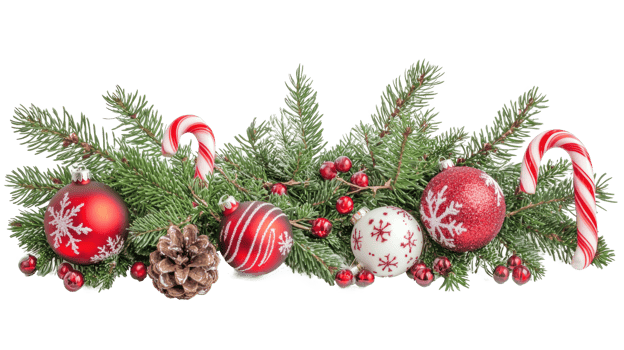 Christmas border bunch of pine branches, candy canes and christmas ornaments isolate on transparent background png