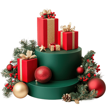 Green red and gold Christmas podium decoration items and presents isolate on transparent background png