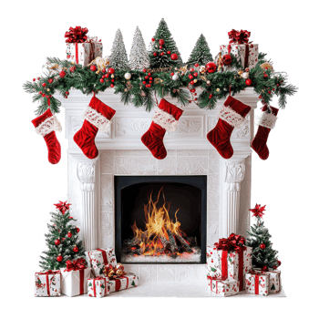 Christmas Fireplace with decorations isolate on transparent background png