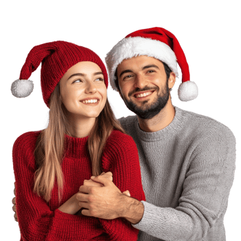 Happy young couple celebrate Christmas side view isolate on transparent background png