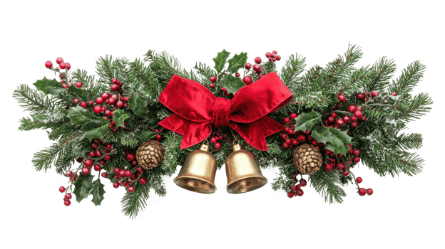 Christmas pine and holly swag with big red ribbon and two gold bells isolate on transparent background png