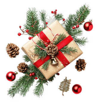 Christmas gift box with barble and jingle bell with fir branch isolate on transparent background png