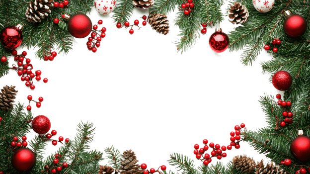 Christmas border frame green fir with pine tree, red balls and berries, cones and candies isolate on transparent background png