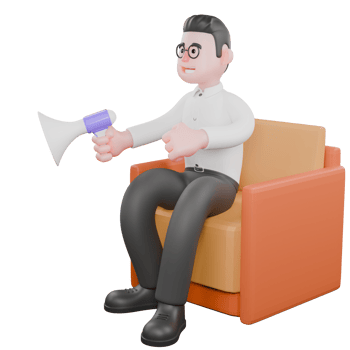 Creative 3D Model. A male producer sits on a sofa with one hand holding a loudspeaker and the other clenched. Professional Illustration png