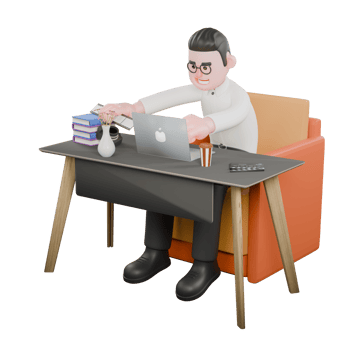 Creative 3D Model. A male producer sits on a sofa with a laptop on the table with one hand holding a film still. Director Model png