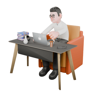 Film Studio Producer. A male producer sits with a laptop on the table while holding a pencil in his left hand. Professional Illustration png