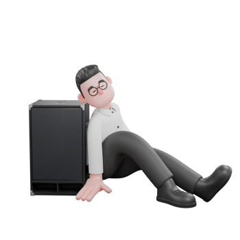 Movie Producer Cartoon. A male producer sits on the floor with his back leaning on the speaker, eyes closed. Animation png