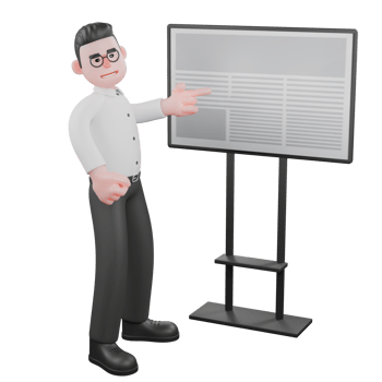 Creative 3D Model. A male producer standing in front of a whiteboard with his hand pointing at the board, speaking with an expression full of ideas. Director Model png