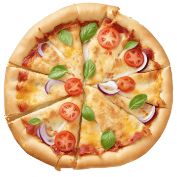 Freshly Baked Margherita Pizza with Basil and Tomato Toppings on Transparent Background png