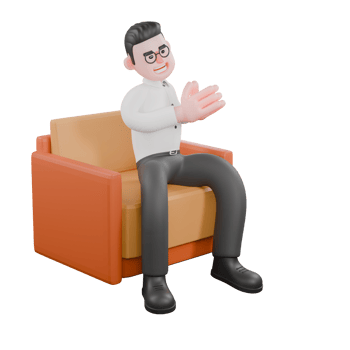 3D Producer Design. A male producer sits on a chair with both hands clapped, a happy expression. Animation png