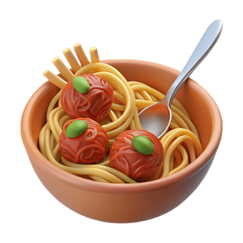 A bowl of spaghetti with meatballs and a spoon png