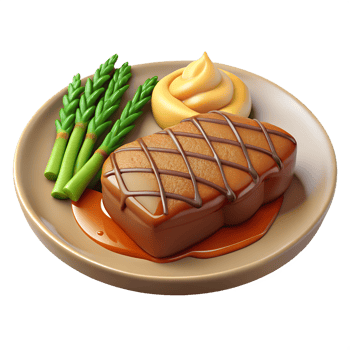 A plate with meat, asparagus and sauce png