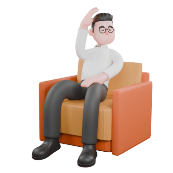 Creative 3D Model. A male producer sits on a sofa with one hand holding his head. Film Style png