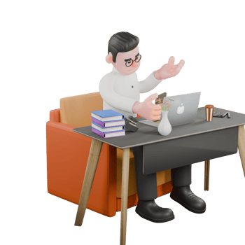 3D Producer Design. A male producer sits with a laptop on a table while holding a cellphone in his right hand. Animation png