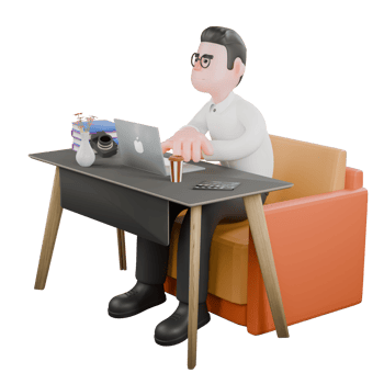 Film Set Cartoon Producer. A male producer sits with a laptop on a table while both hands are crossed. Professional Illustration png