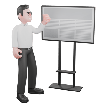 3D Cartoon Model. A male producer stands next to a whiteboard with his left hand on his waist and his right hand clenched, as if explaining. Professional Illustration png