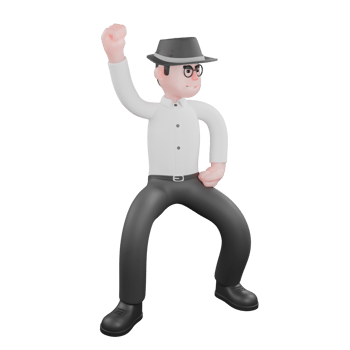 3D Producer Design. A Male producer stands, both legs open with his right hand clenched upwards and his left hand on his waist Studio Style png