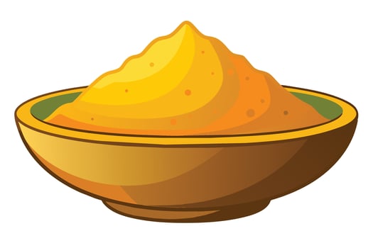 A vibrant bowl of yellow spice sits on a wooden table, highlighting its rich texture and color, perfect for adding flavor to various dishes vector