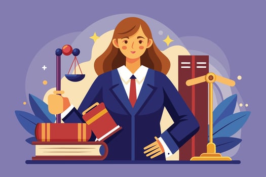A confident woman in a suit stands in a legal setting surrounded by law books, scales of justice, and a gavel, representing her profession vector