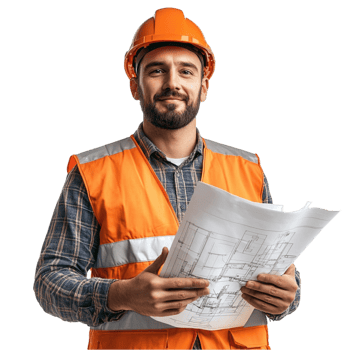 A man in an orange vest holding a blueprint png