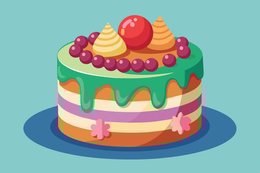 Colorful layered cake with icing and decorative toppings on a blue background vector