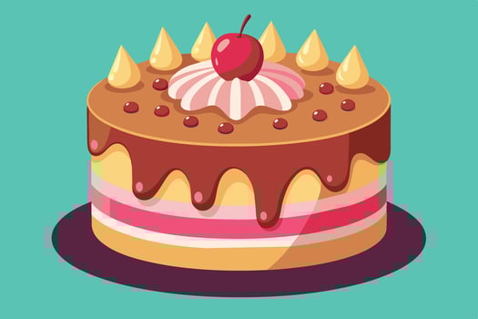 Delicious chocolate layer cake with cherry topping and cream decoration on a teal background vector