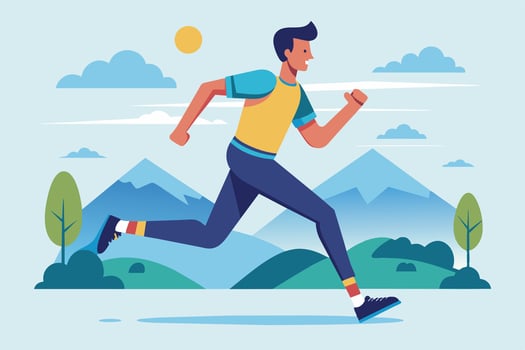 A man jogging energetically in a colorful athletic outfit against a scenic mountain backdrop on a sunny day vector