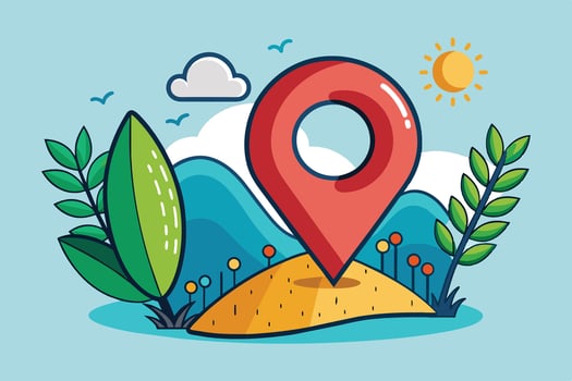Colorful map marker illustration in a scenic landscape with mountains, plants, and a bright sun against a blue sky vector