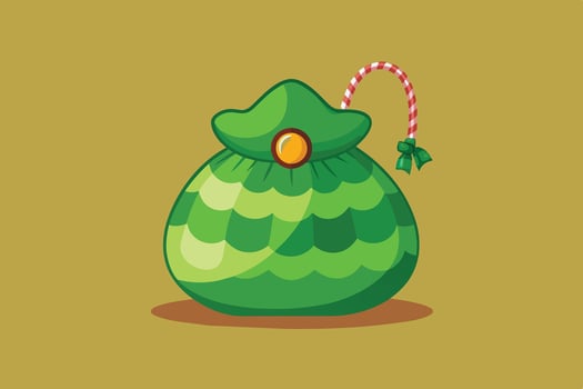 A festive green bag with a decorative drawstring and an ornament, perfect for Christmas gifts or holiday decorations during the winter season vector