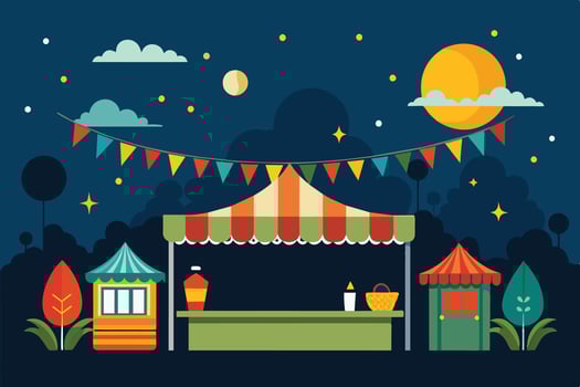 Colorful night market with festive decorations, stalls, and trees under a starry sky in a whimsical landscape vector