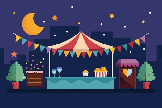 Colorful night market stall with festive decorations and refreshments under a starry sky in a city setting vector