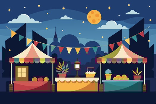 Colorful market stalls illuminated under the moonlight with festive decorations in a nighttime town vector