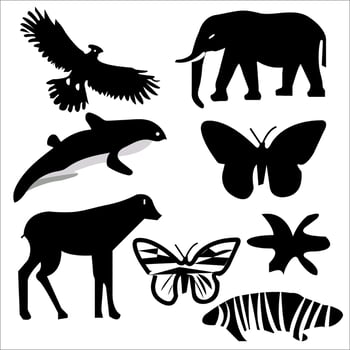 Eagle, elephant, doe, lion butterfly and animal silhouette flying shadow animal art design. vector