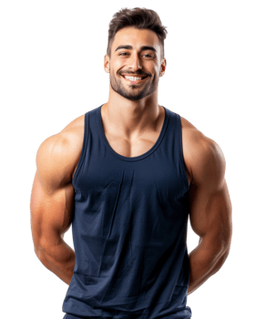 Muscular Man Smiling in blue Tank Top Isolated on Transparent Background png