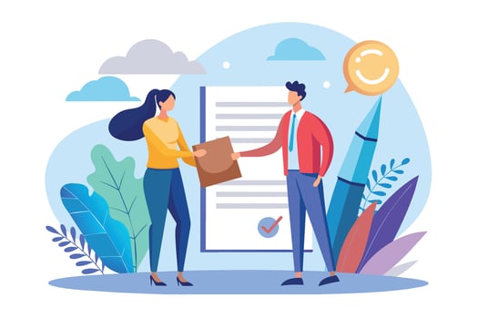 Business partners exchanging important documents in a bright, modern office environment, showcasing collaboration and professionalism vector