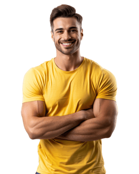 Strong Man in Yellow T-shirt Crossing Arms Isolated on Transparent Background png