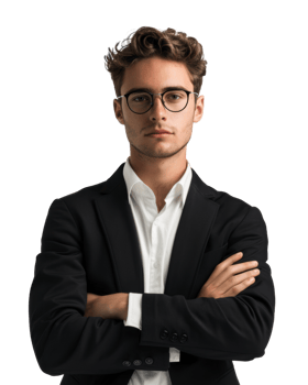 young man in a dark suit with glasses isolated on transparent background png