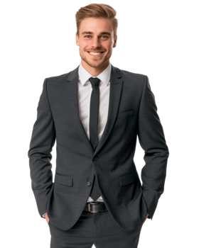 Confident man smiling in a dark blue suit isolated on transparent background png