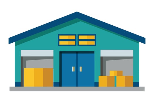 Colorful warehouse with bright blue exterior and stacked yellow boxes in front during daytime operations vector