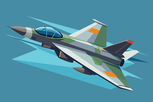 Stylized military jet flying through a blue sky with dynamic shapes, highlighting its sleek design and camouflage colors vector